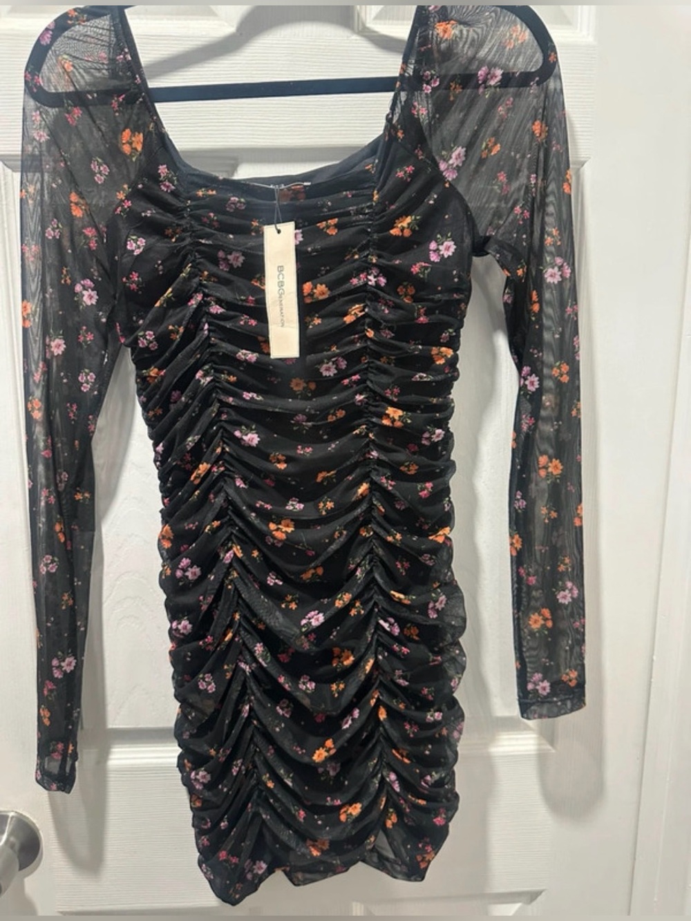 BCBGeneration/Black Floral Ruched Long-Sleeve Mini Dress